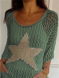 Contrast Color Round Neck 3/4 Sleeve Hollow Sweater for Women