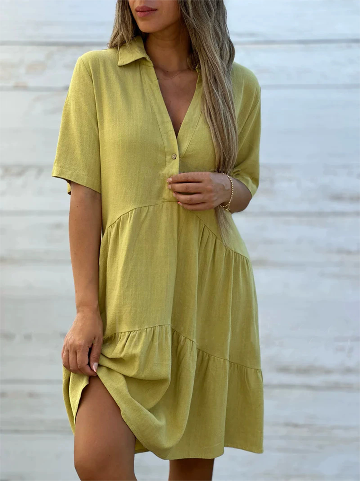 Women Casual Loose V Neck Short Sleeve Tiered Shirt Dress