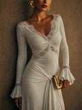 Womens White Lace Bell Sleeve V Neck Draped Maxi Party Dress