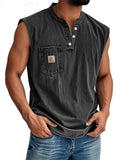Men's Retro Cotton Distressed Pocket Sleeveless Henley Shirts