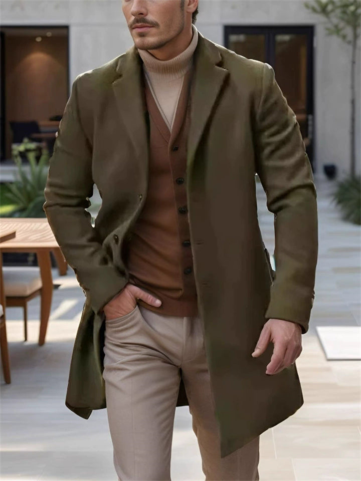 Male's Solid Color Single Breasted Lapel Button Up Mid-Length Coat