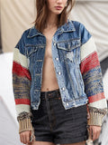 Trendy Contrast Color Knitted Sleeve Denim Patchwork Jacket for Women