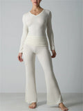 Women's 2 Piece Lounge V Neck Long Sleeve Top and Flare Yoga Pants Set