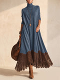 Women Faux Suede Turtleneck Lace Trim Long Sleeve Maxi Dress