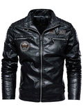 Men's Fleece Lined Faux Leather Motorcycle Jacket with Patches and Pockets