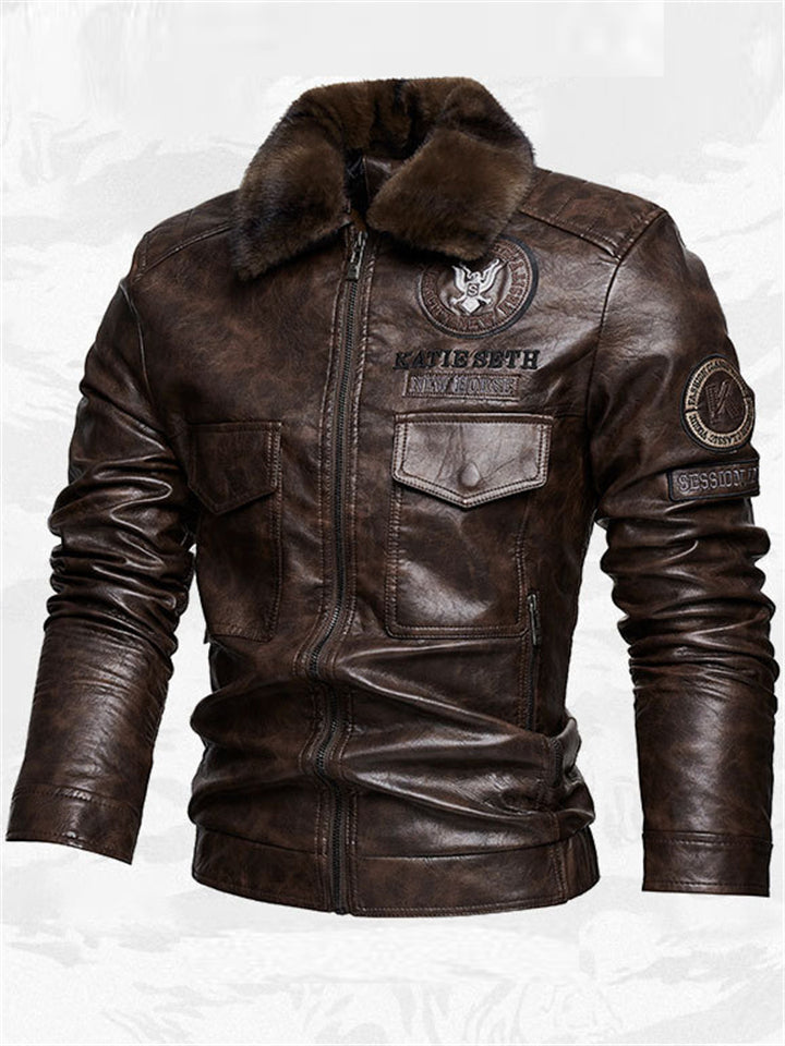Men's Motorcycle Style Faux Leather Jacket with Faux Fur Collar and Flap Pockets