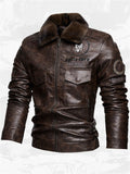 Men's Motorcycle Style Faux Leather Jacket with Faux Fur Collar and Flap Pockets