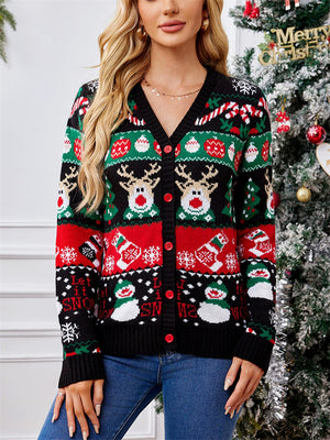 Women's Autumn Christmas Pattern V Neck Long Sleeve Cardigan Sweaters