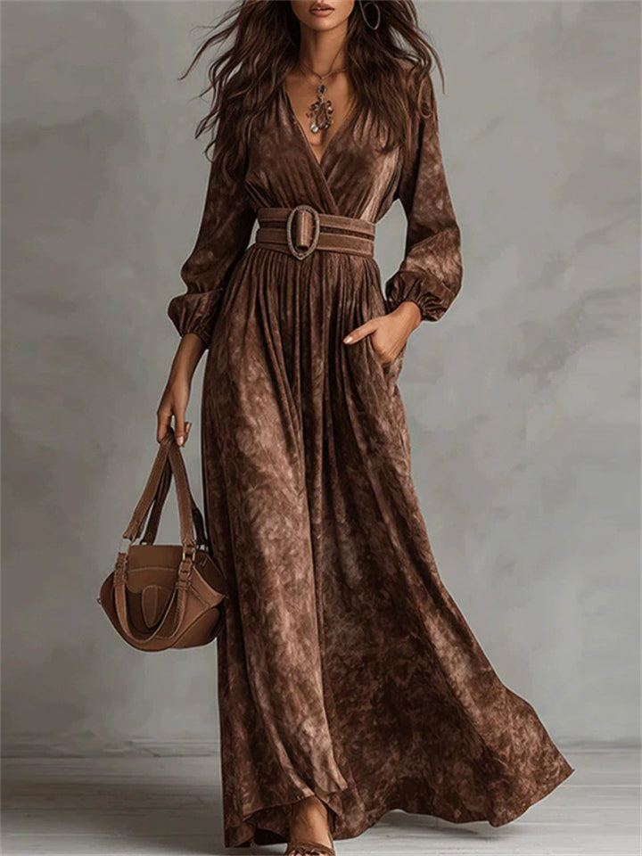 Autumn Vintage V Neck Pleated Puff Sleeve Maxi Dress for Women