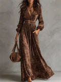 Autumn Vintage V Neck Pleated Puff Sleeve Maxi Dress for Women