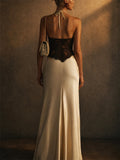 Women Lace Halter Satin Backless Evening Party Maxi Dress
