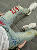 Men's Retro Letter Spider Web Embroidered Blue Jeans
