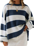 Women's Autumn Round Neck Contrast Color Striped Flare Sleeve Sweaters
