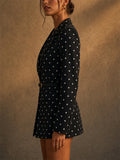 Womens Black Polka Dot Belted Blazer Slim Fit Suit Jacket
