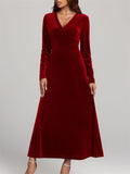 ‌Women's Elegant V-Neck Long Sleeve Velvet Maxi Dress‌