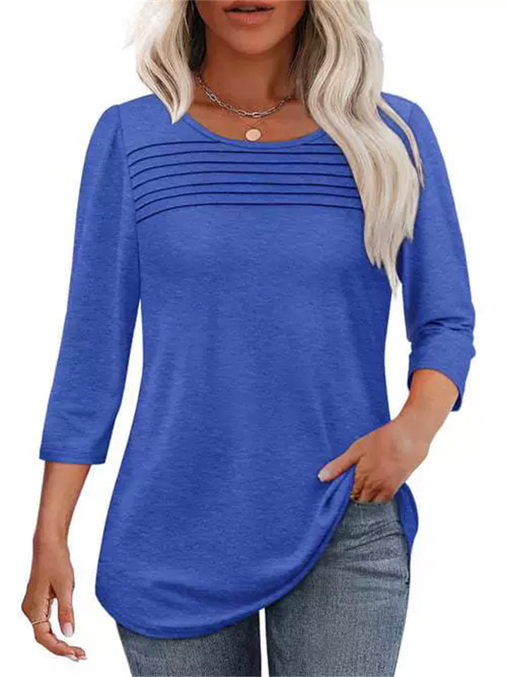 Women's Solid Color Round Neck Pullover 3/4 Sleeve Shirts