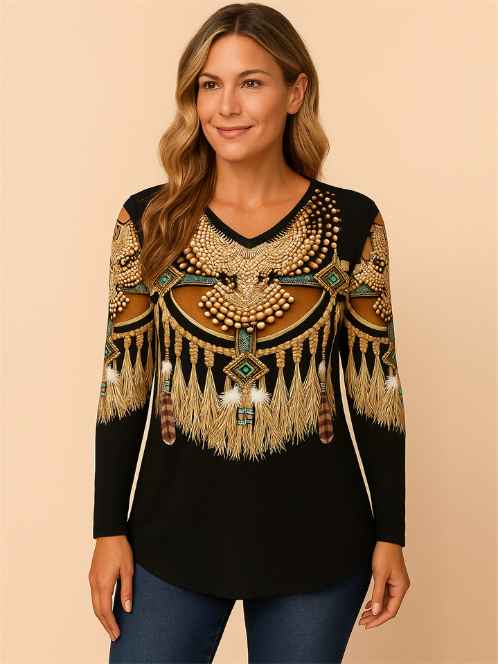 Women's Casual Ethnic Style Printed V-Neck Long Sleeve T-Shirts