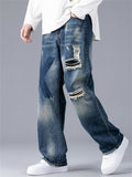 " X " Letter Print Ripped Holes Blue Jeans for Men