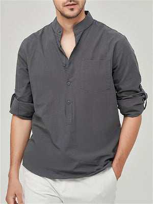 Male Casual Loose Fit Pocket Henley Shirts