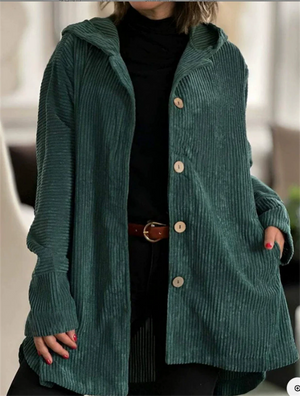 Women's Casual Autumn Solid Color Corduroy Button Up Hooded Jacket