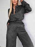 Comfy Long Sleeve Cheetah Print Lapel Shirt and Wide Leg Pant Set