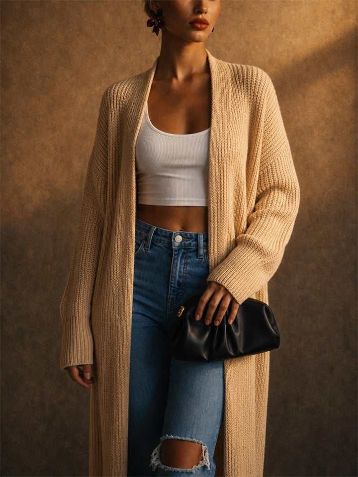 Women Long Chunky Ribbed Knit Open Front Duster Cardigan Sweater