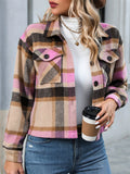 Women's Causal Contrast Color Plaid Pockets Waist Length Coat