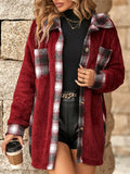Women's Autumn Trendy Fleece Plaid Patchwork Long Sleeve Lapel Coat