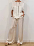 Women's Causal Solid Color Satin Round Neck Shirt &Pants Set
