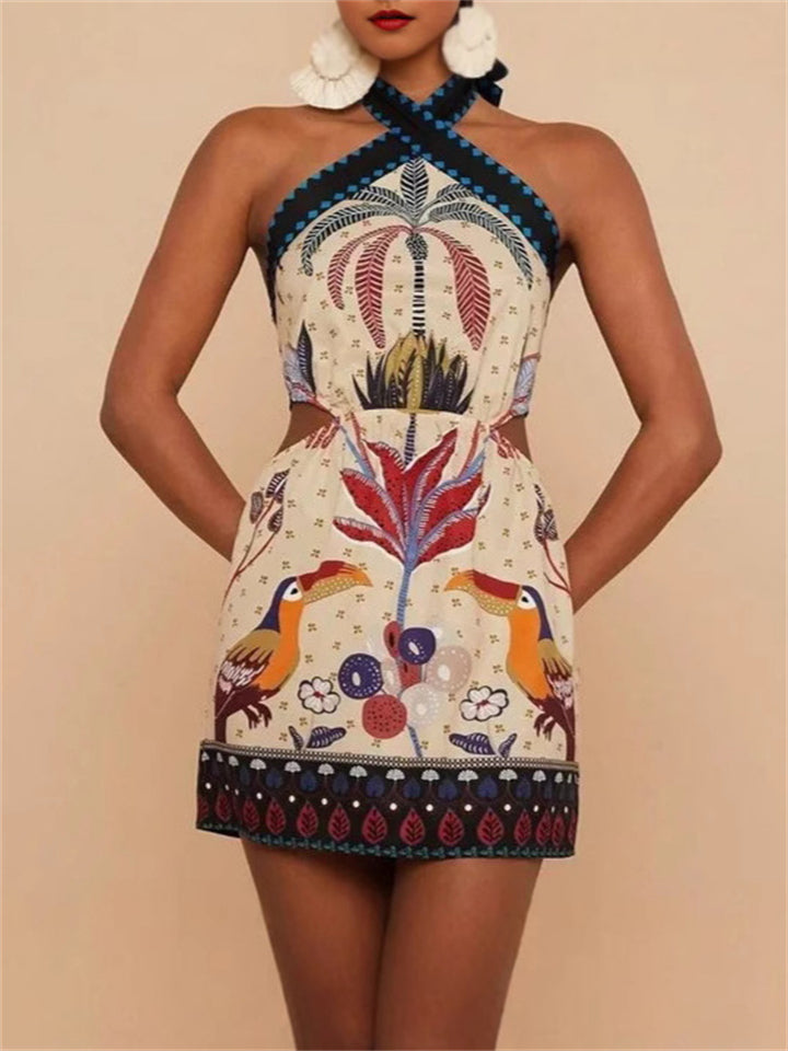 Women's Casual Print Halter Bellyband Lace-up Mini Dress