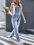 Women's Casual Ripped Light Blue Denim Overalls