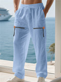 Men's Casual Drawstring Mid-Waist Wide Leg Beach Trousers with Zip Decor