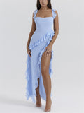 Summer Sexy Ladies High Split Backless Ruffle Mesh Dress