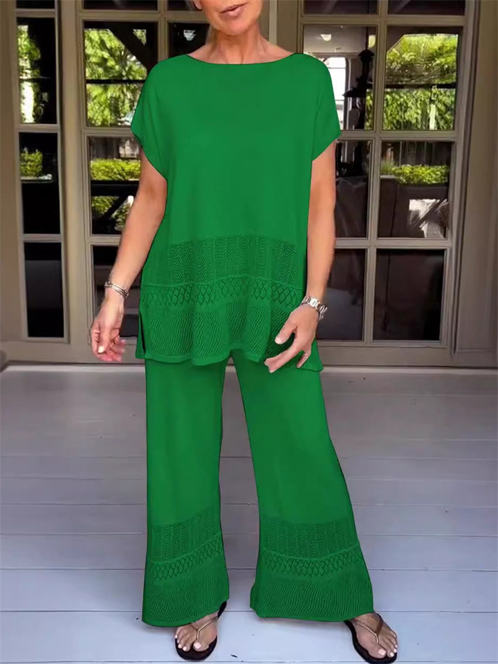 Women's Solid Color Loose Hollow Short Sleeve Shirt & Pants Set