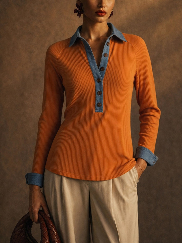 Women Long Sleeve Denim Contrast Polo Ribbed Henley Shirts