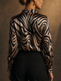 Womens Abstract Zebra Satin Button Down Long Sleeve Blouse