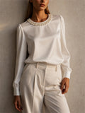 Women Faux Pearl Neck Long Sleeve Top Satin Blouse