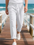 Men's Casual Linen Solid Color Drawstring Straight Trousers