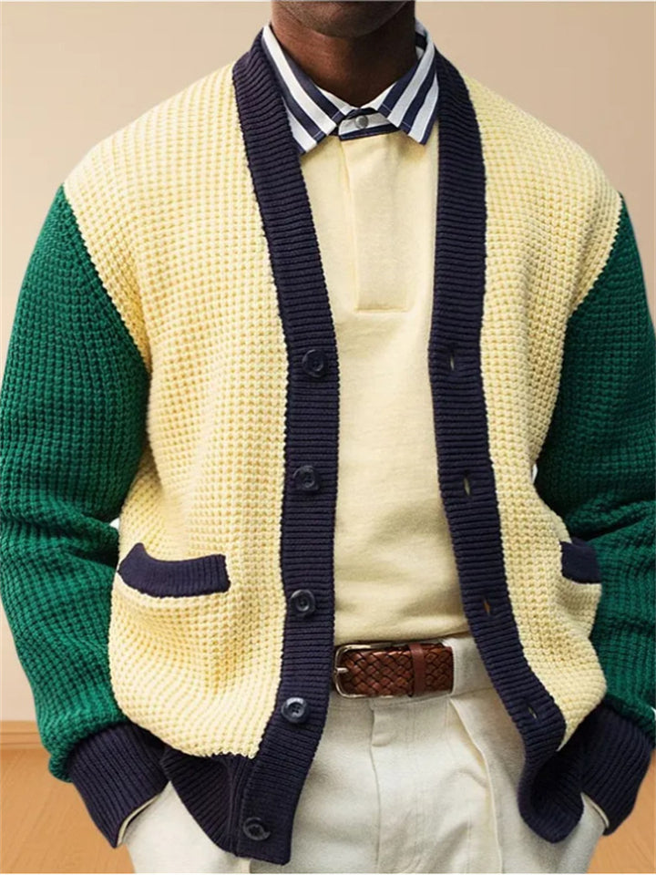Men's Casual Contrast Color Lapel Long Sleeve Waffle Knit Sweater