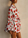 Women Red Rose Floral Lantern Sleeve Wrap Mini Dress