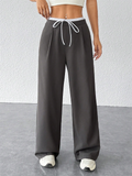 ‌Gray Wide Leg Casual Pants for Women with Drawstring Waist‌