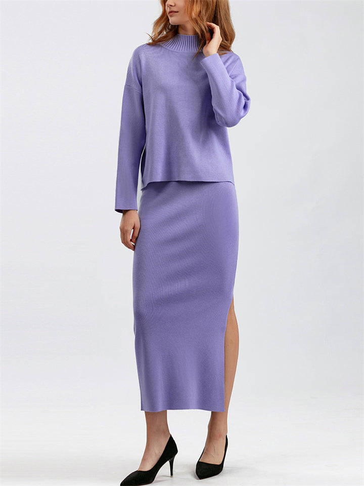 Elegant Crew Neck Knitted Sweater + Side Slit Skirt