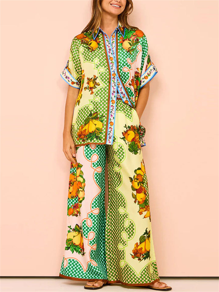 Women's 2pcs Casual Fruits Print Long Sleeve Satin Top & Pants Set