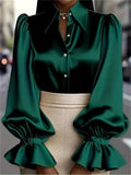 Women's Fashion Button Up Lapel Satin Ruffled Sleeve Blouses