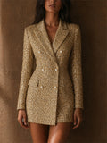 Women's Gold Tweed Double Breasted Pearl Button Blazer