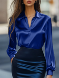 Women's Elegant Blue Solid Color V Neck Pullover Lapel Long Sleeve Blouses