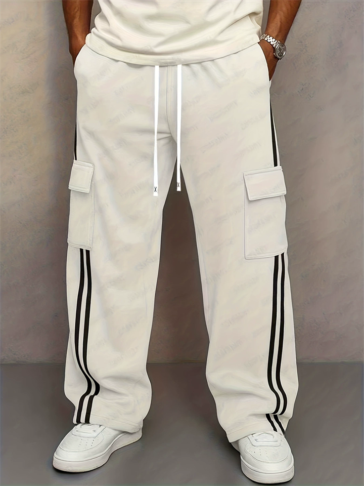 Men's Loose Fit Cargo Pants with Side Stripes and Flap Pockets