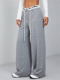 Letter Print Patchwork Drawstring Wide Leg Casual Pants for Women