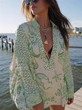 Women's 2pcs Summer Print Long Sleeve Satin Top & Short Pants Set