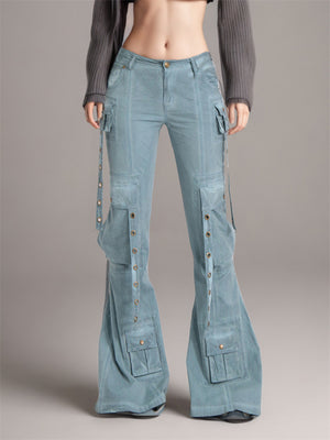 Female Hip-Hop Multi-Pocket Flared Jeans